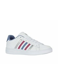 Scarpe da ginnastica bianche con finitura in pelle liscia, caratterizzate da tre strisce colorate in rosa, blu e argento, e un tallone grigio testurizzato.