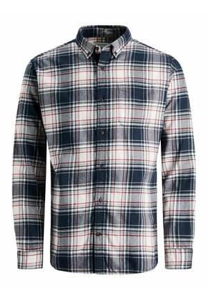 Langærmet flannel skjorte med knapper, marineblåt, hvidt, gråt og rødt ternmønster og en brystlomme på venstre side.