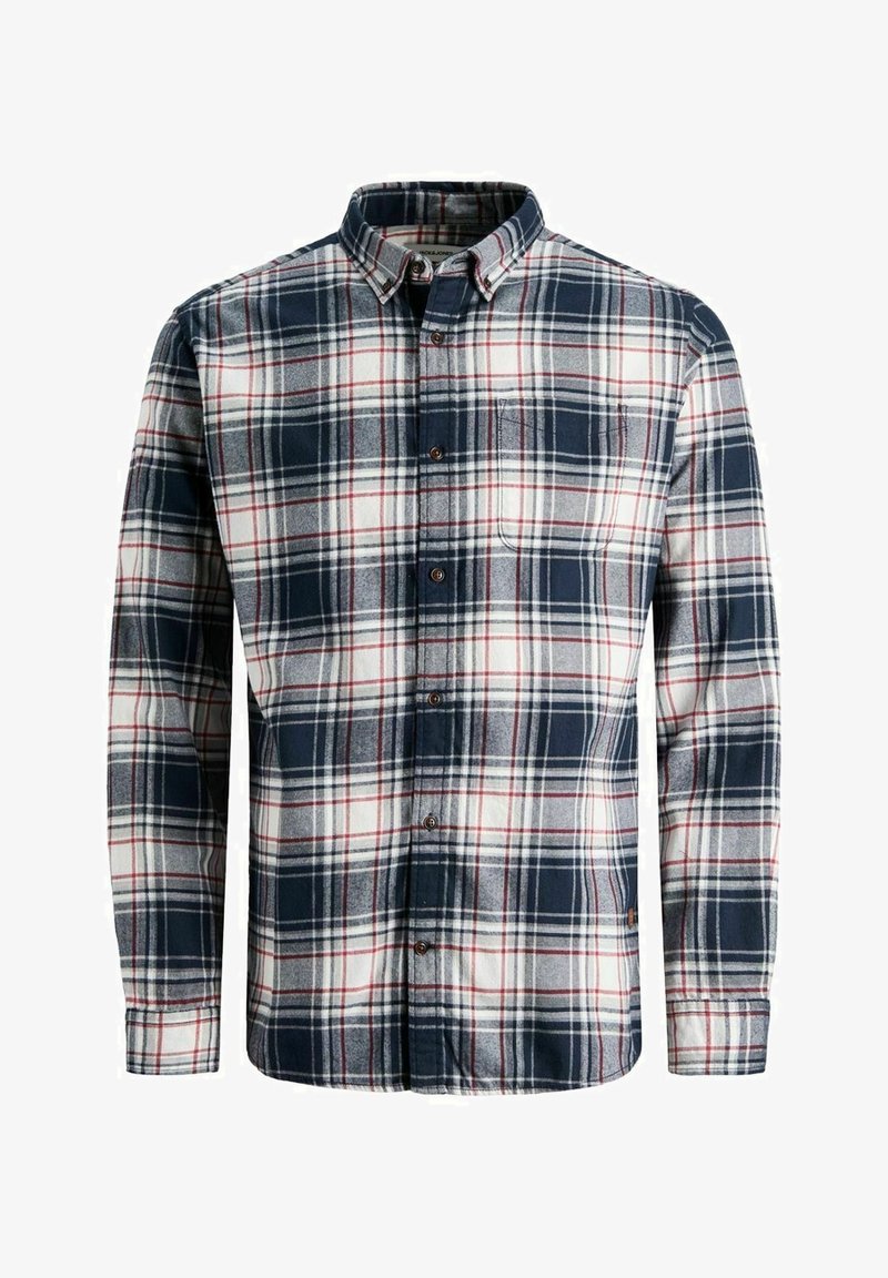 Chemise en flanelle à manches longues avec boutons, motif à carreaux bleu marine, blanc, gris et rouge, et une poche poitrine sur le côté gauche.