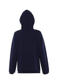 Marinblå hoodie med känguruficka, långa ärmar och dragsko i huvan. Slät textur och elastiska cuffs och nederkant. Utsikt bakifrån.