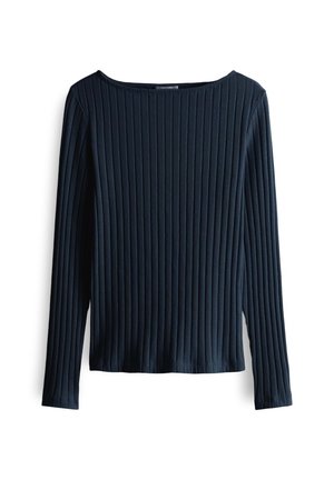 Navyblaues Langarmshirt mit gerippter Textur und weitem Ausschnitt. Harter Stoff mit geradem Schnitt und minimalistischen Design.