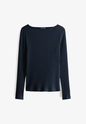 Navyblaues Langarmshirt mit gerippter Textur und weitem Ausschnitt. Harter Stoff mit geradem Schnitt und minimalistischen Design.