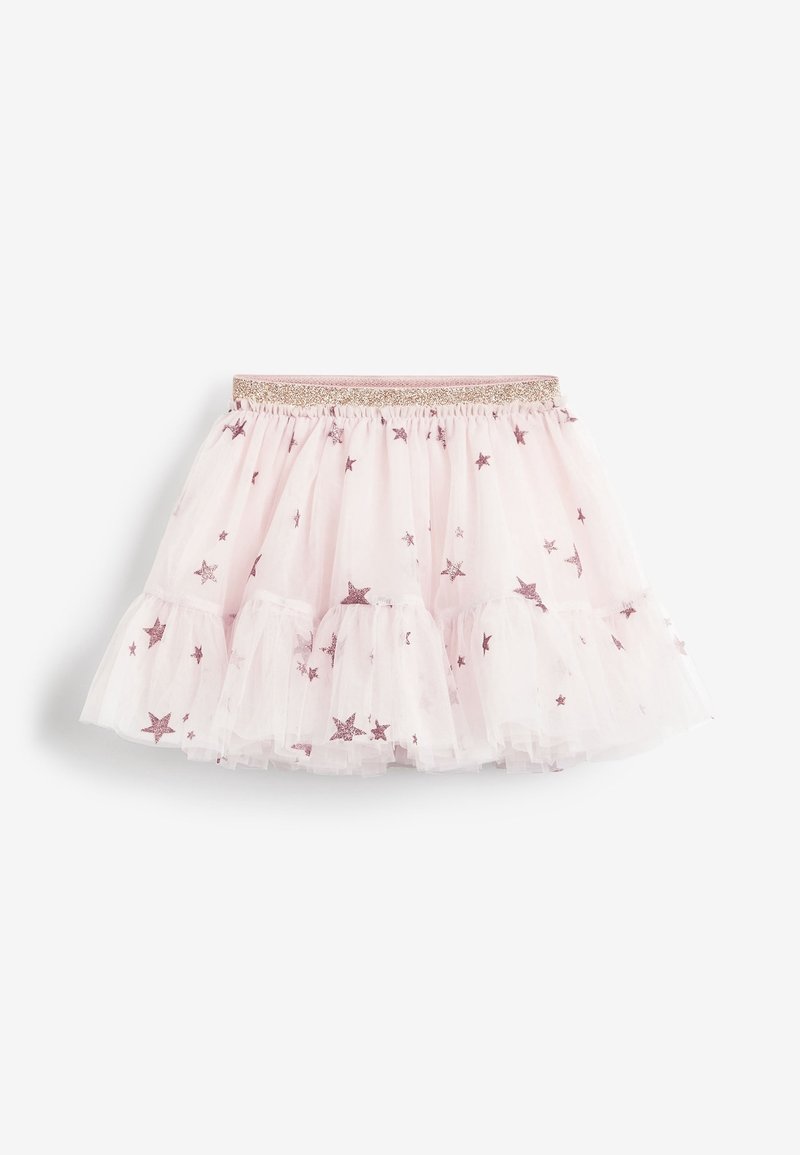 Jupe tutu rose clair avec tulle superposé, motifs d'étoiles pailletées en or rose, et une ceinture élastique brillante.