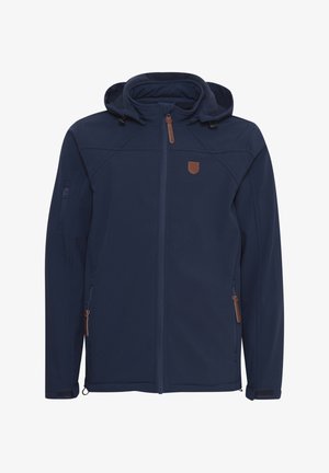 Navy softshell jacket with a zipped front, adjustable hood, side pockets, and brown leather accents. Smooth texture and tailored fit.