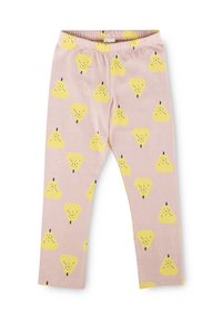 Pink leggings made of soft fabric featuring a pattern of yellow pear shapes with dark seeds arranged throughout. Elastic waistband.
