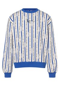 Sudadera blanca y azul a rayas con el texto "KANI" repetido y el eslogan "Véalo, luego séalo", con puños, cuello y dobladillo AZUL.