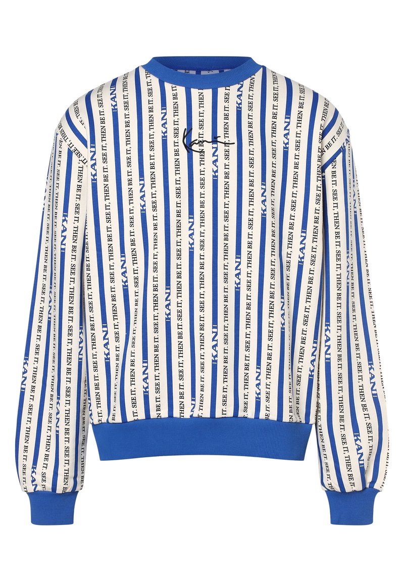 Sudadera blanca y azul a rayas con el texto "KANI" repetido y el eslogan "Véalo, luego séalo", con puños, cuello y dobladillo AZUL.