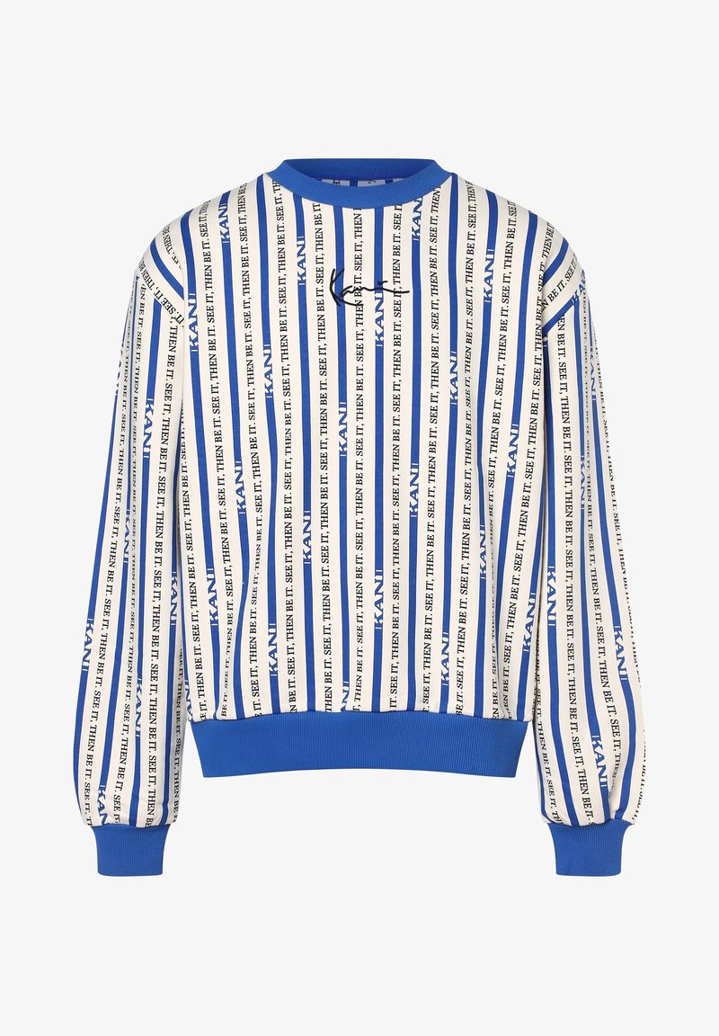 Sudadera blanca y azul a rayas con el texto "KANI" repetido y el eslogan "Véalo, luego séalo", con puños, cuello y dobladillo AZUL.