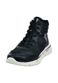 Black high-top sneakers featuring a mix of smooth and textured leather, a padded collar, and a white rubber sole with cutouts.