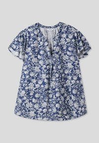 Blusa blu floreale con motivi bianchi, maniche corte a volant e scollatura a V. Tessuto leggero con una vestibilità morbida.