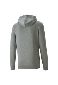 Grijze hoodie met lange mouwen, een gladde textuur, ribbelmanchetten en -zoom; heeft een rond gevormde capuchon aan de achterkant.