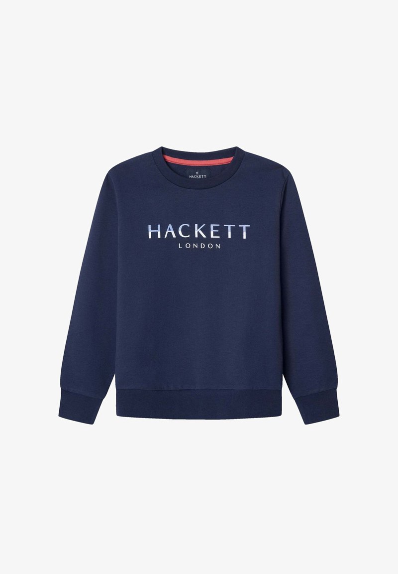 Navy blue sweatshirt featuring a crew neck, ribbed cuffs, and hem. "HACKETT LONDON" printed in white across the front. Smooth cotton fabric.