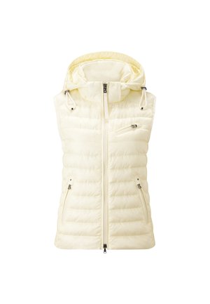 Gilet matelassé jaune clair avec capuche, doté d'une fermeture éclair à l'avant, de deux poches latérales et d'une poche poitrine. Texture lisse, design matelassé.