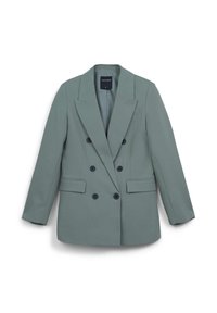 Blazer croisé en tissu vert clair, avec revers crantés, deux poches avant et boutons foncés. Texture lisse, coupe ajustée.