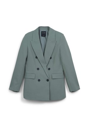 Blazer doppiopetto in tessuto verde chiaro, con rever a notched, due tasche frontali e bottoni scuri. Texture liscia, vestibilità sartoriale.