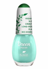 En mintgrön nagellackflaska med rund kork; pryder ett bladdesign. Etiketten anger "Vegan" och "Långvarig hållbarhet."