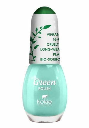 Pullo von purppuy hijau mint dengan penutup bulat; memiliki desain daun. Label menyatakan "Vegan" dan "Tahan Lama."