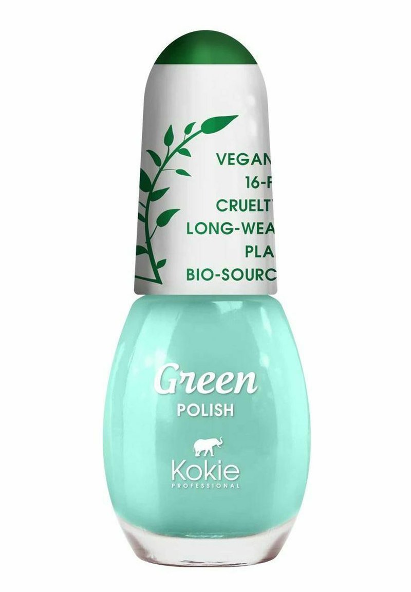 En mintgrön nagellackflaska med rund kork; pryder ett bladdesign. Etiketten anger "Vegan" och "Långvarig hållbarhet."