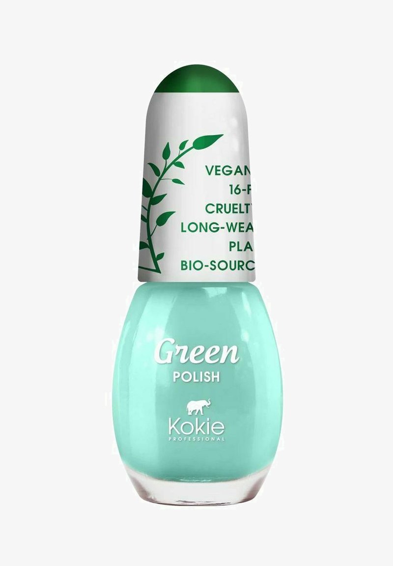 En mintgrön nagellackflaska med rund kork; pryder ett bladdesign. Etiketten anger "Vegan" och "Långvarig hållbarhet."