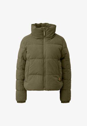 Puffer jacket in olive green, featuring a textured ribbed fabric, high collar, front zipper, and elastic cuffs with a logo accent.