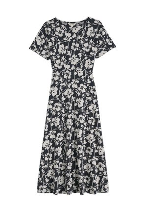 Rochie midi neagră cu mâneci scurte, model floral alb și talie conică.