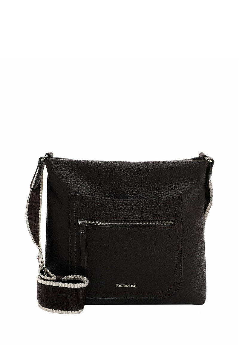 Black leather shoulder bag with a textured surface, front zip pocket, and woven strap featuring a contrasting trim. Front logo detail present.