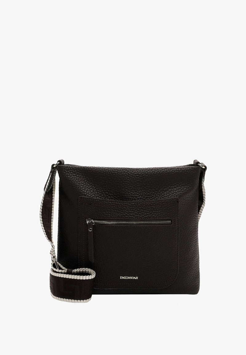 Sort læder skuldertaske med en struktureret overflade, frontlomme med lynlås og vævet rem med kontrasterende kant. Frontlogo detalje til stede.