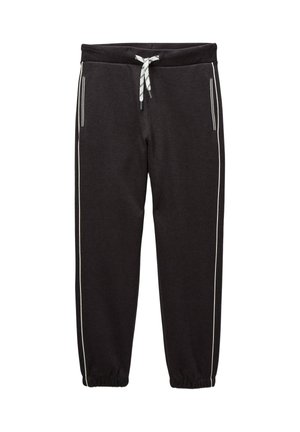 Pantalons de survêtement noirs en tissu doux, dotés de poignets élastiques, de deux poches latérales avec un bord blanc et d'une taille ajustable par cordon.