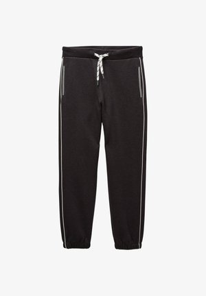 Pantalons de survêtement noirs en tissu doux, dotés de poignets élastiques, de deux poches latérales avec un bord blanc et d'une taille ajustable par cordon.