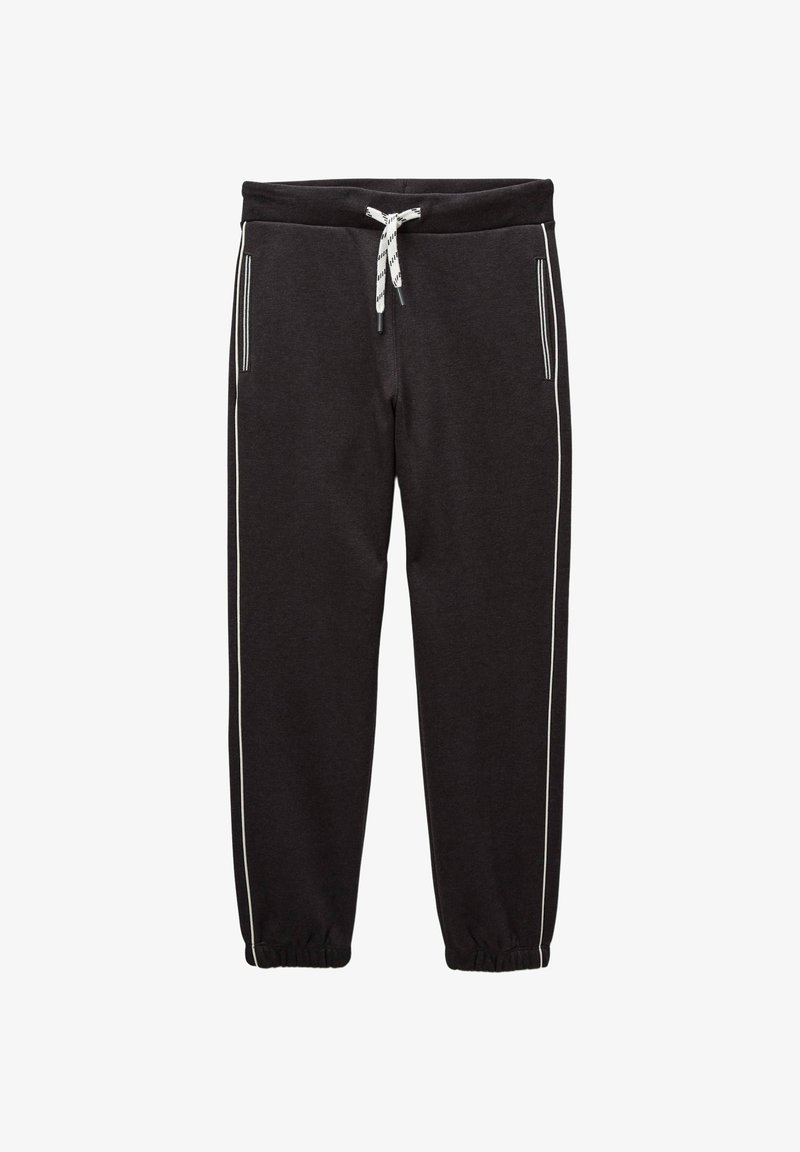 Pantalons de survêtement noirs en tissu doux, dotés de poignets élastiques, de deux poches latérales avec un bord blanc et d'une taille ajustable par cordon.