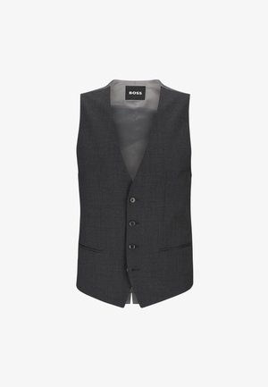 Gilet ajusté gris avec un décolleté en V, cinq boutons, deux poches avant et une doublure intérieure lisse contrastante. Étiquette de la marque au col.