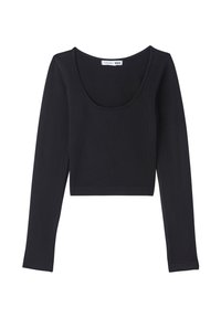 Czarny krótki top z długim rękawem wykonany z prążkowanej tkaniny z okrągłym dekoltem. Tekstura jest gładka, z dopasowanymi rękawami i minimalistycznym designem.