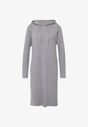 Grijze gebreide jurk met een capuchon, lange mouwen en koordjes. Kenmerkt zich door een ribbelstructuur en een rechte snit, tot de knieën reikt.