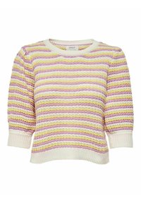 Sweter w paski w pastelowych kolorach różowym, żółtym i kremowym; teksturowana tkanina; krótkie bufiaste rękawy; ściągacz u dołu i na mankietach.