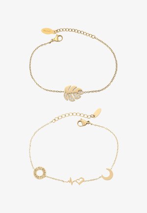 Braccialetti d'oro con design a foglia, arricchiti da pietre preziose e un set di charm che include un elemento circolare, un battito cardiaco, un cuore e una mezzaluna.