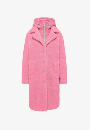 Różowy płaszcz z polaru o miękkiej fakturze, z długimi rękawami, z wyciętym kołnierzem, z zapięciem na guziki z przodu oraz odpinanym ocieplanym kapturem.