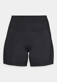 Černé sportovní kraťasy z pružné tkaniny. Mají vysoký pas a průstřihy na bocích pro ventilaci.