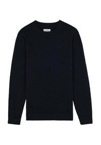 Navyblauwe gebreide trui met een ronde hals, lange mouwen en geribbelde manchetten en zoom. Gemaakt van zachte stof voor comfort.