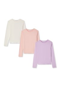 Tre magliette a maniche lunghe in bianco, rosa e lavanda. Realizzate in tessuto morbido con scollature rotonde e un design aderente.