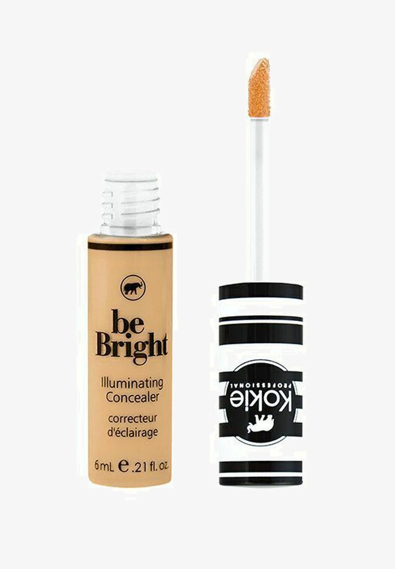 Be Bright Illuminating Concealer i beige nyans, 6 ml, har en klar applikator. Förpackningen är en blandning av svart och vitt med randiga accenter.