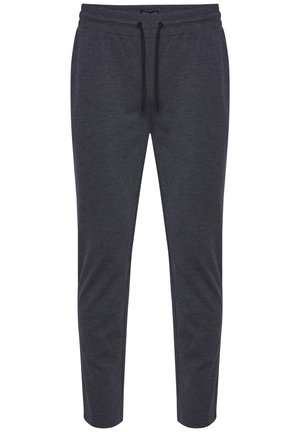 Dunkelgraue Jogginghose aus weichem Stoff, mit einem elastischen Bund und einem Kordelzug sowie schmal zulaufendem Bein. Keine sichtbaren Taschen.