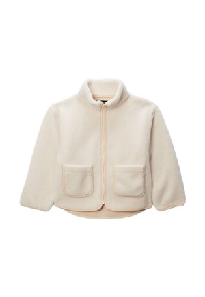 Veste en polaire couleur crème avec fermeture éclair intégrale à l'avant, col montant, manches longues et deux poches plaquées à l'avant.