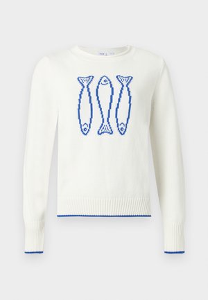 Λευκό πουλόβερ με στρογγυλή λαιμόκοψη και τρία μπλε ψηφιοποιημένα σχέδια ψαριών στο στήθος, καθώς και μπλε τελείωμα στα μανίκια και στο τελείωμα.