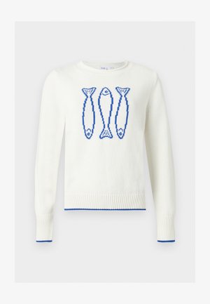 Λευκό πουλόβερ με στρογγυλή λαιμόκοψη και τρία μπλε ψηφιοποιημένα σχέδια ψαριών στο στήθος, καθώς και μπλε τελείωμα στα μανίκια και στο τελείωμα.
