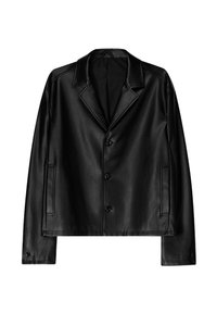 Schwarze Lederjacke mitrevers, fünf Knöpfen, Seitentaschen und langen Ärmeln. Glatte Textur mit klassischem Schnitt.