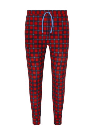 Joggers de cuadros rojos con acentos azules, que cuentan con una cintura elástica ajustable, piernas ajustadas y una textura suave.