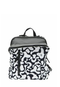 Sac à dos avec un motif abstrait noir et blanc, doté d'une fermeture éclair, d'une poignée supérieure et de bretelles réglables. Fabriqué en tissu durable.