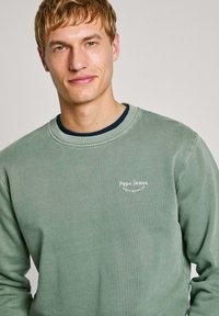 Grön sweatshirt i bomull med rund halsringning och en liten vit logotyp på bröstet. Slät textur med ribbade ärmslut.