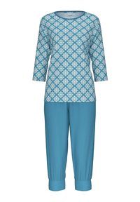 Lichtblauw dames loungewear-set met een gemusterde driekwartmouwtop met ronde hals en bijpassende broek met elastische taille.