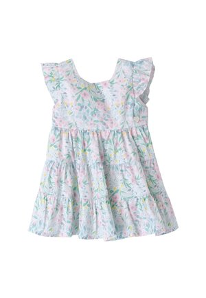 Ærmeløs kjole til småbørn med flæser på skuldrene og pastelblomstermønster i pink, grøn, blå og gul på hvid baggrund.